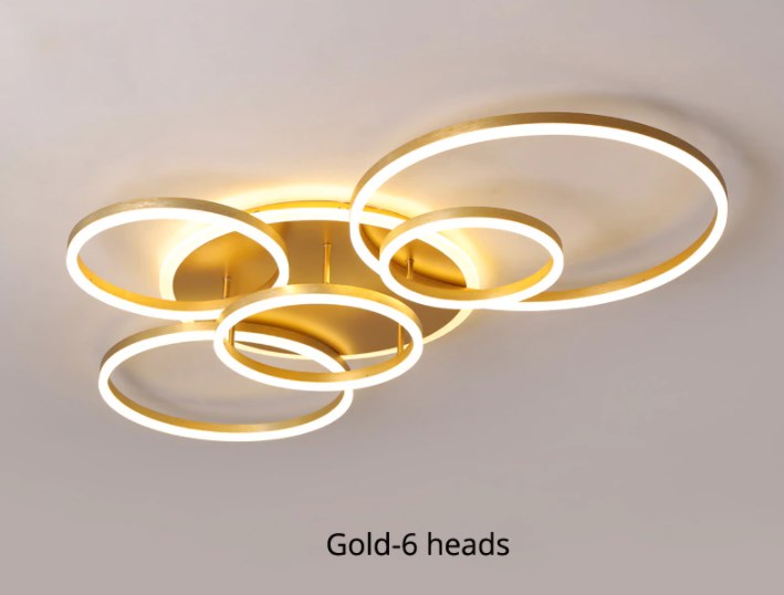 Modern LED Ceiling Light With 6 Light Rings - Gold - Dimmable With Remote Control - For Living And Dining Room - Ceiling Fixture