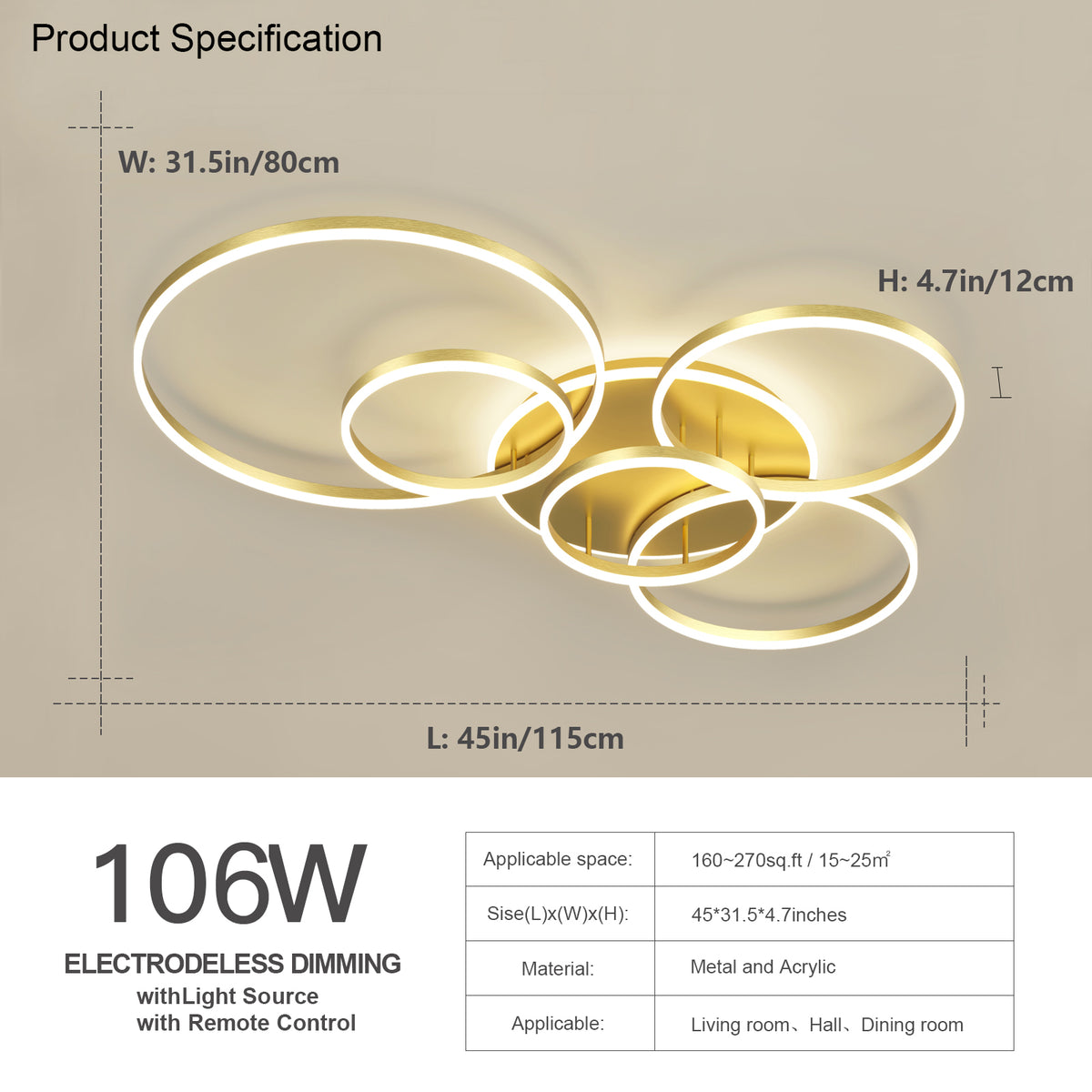 Modern LED Ceiling Light With 6 Light Rings - Gold - Dimmable With Remote Control - For Living And Dining Room - Ceiling Fixture