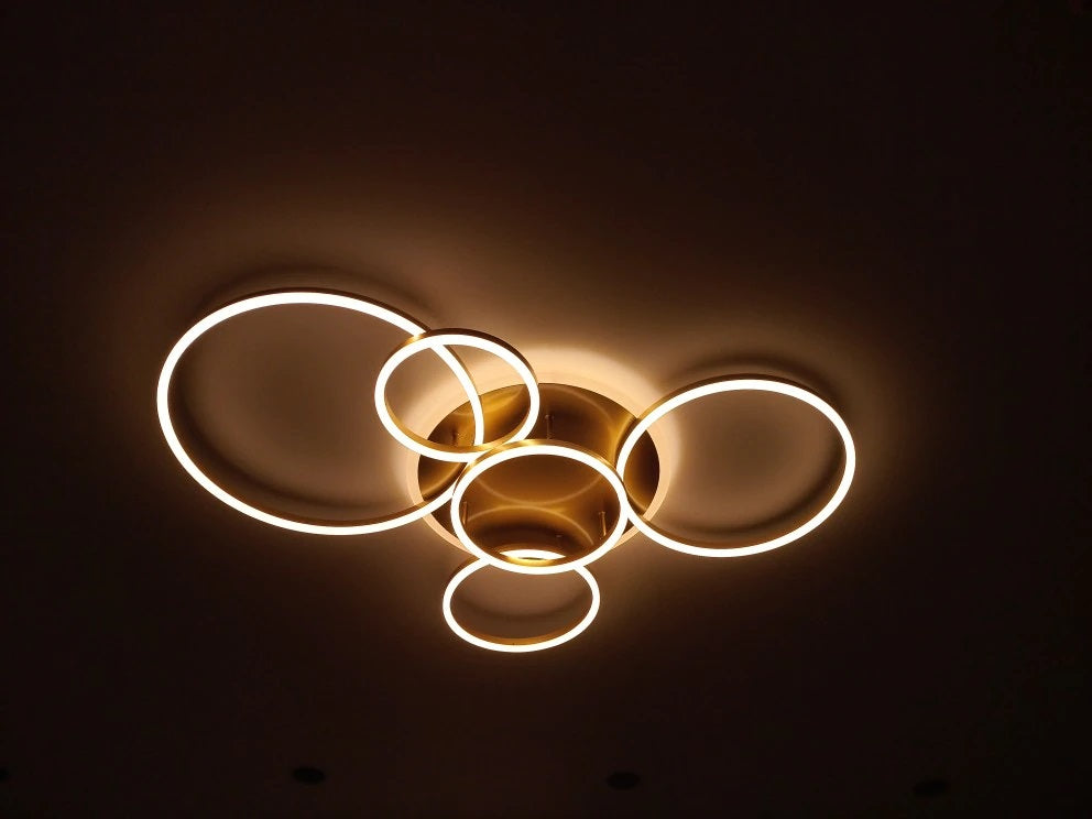 Modern LED Ceiling Light With 6 Light Rings - Gold - Dimmable With Remote Control - For Living And Dining Room - Ceiling Fixture