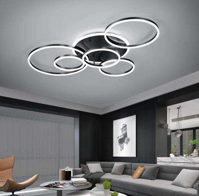 Modern LED Ceiling Light With 6 Light Rings - Black - Dimmable With Remote Control - For Living And Dining Room - Ceiling Fixture