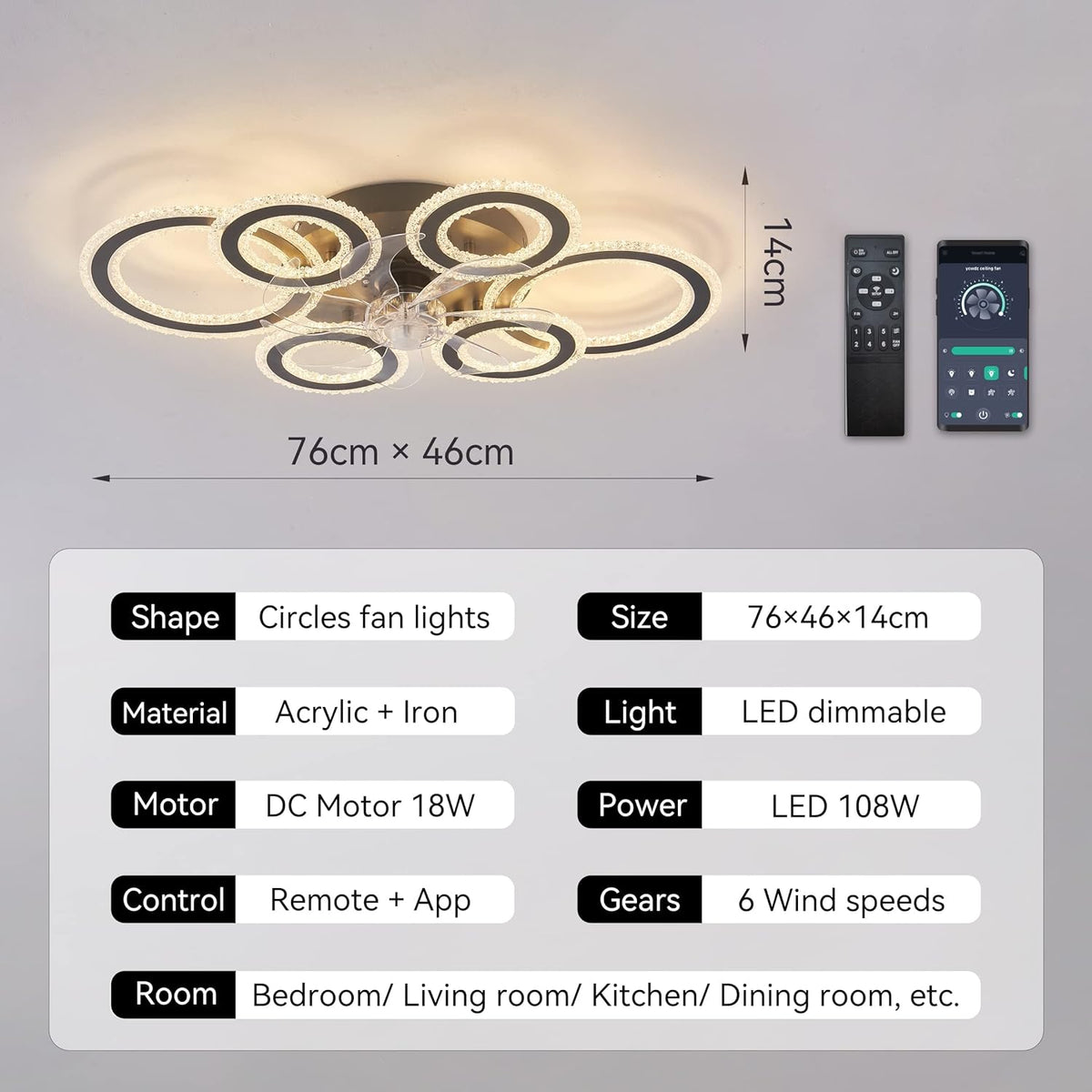 6 Ringen Kristallen Plafondventilator - Wit - 6 Snelheden - Smart lamp - Dimbaar Met Afstandsbediening & APP - Moderne Cirkel Ventilator Licht - Crystal Kroonluchter Ventilator