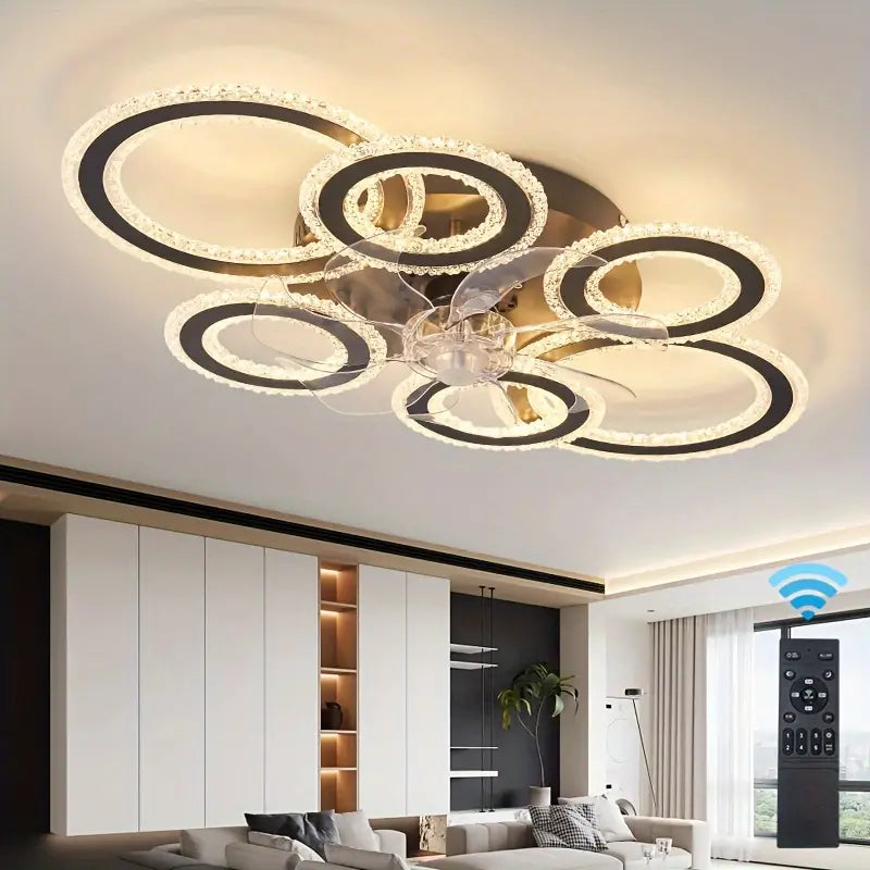 6 Ringen Kristallen Plafondventilator - Zwart - 6 Snelheden - Smart lamp - Dimbaar Met Afstandsbediening & APP - Moderne Cirkel Ventilator Licht - Crystal Kroonluchter Ventilator