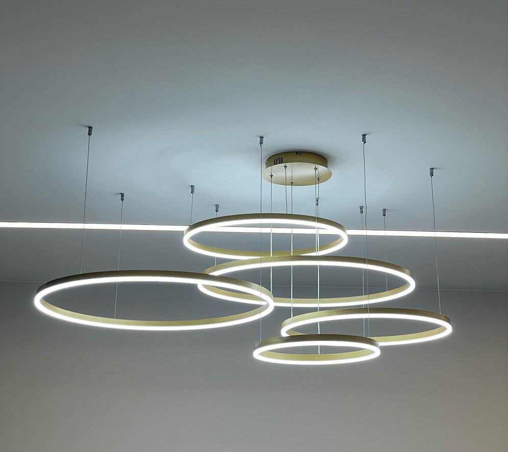 LuxiLamps - 5 Rings - Pendant Lamp - Chandelier - Modern - Gold - Dimmable With Remote Control