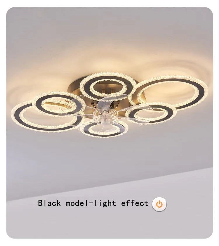 6 Ringen Kristallen Plafondventilator - Zwart - 6 Snelheden - Smart lamp - Dimbaar Met Afstandsbediening & APP - Moderne Cirkel Ventilator Licht - Crystal Kroonluchter Ventilator