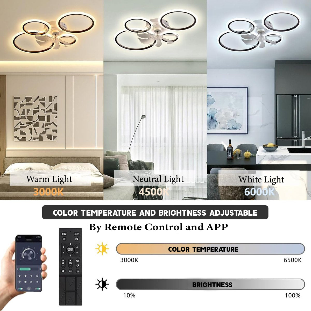 LuxiLamps - 4 Ringen LED Plafondventilator - Zwart - 6 Snelheden - Smart lamp - Dimbaar Met Afstandsbediening & APP - Moderne Cirkel Ventilator Licht - Kroonluchter Ventilator