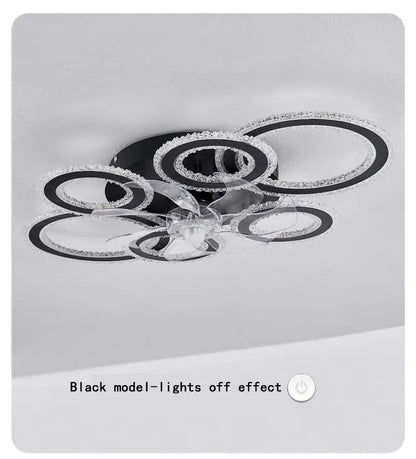 6 Ringen Kristallen Plafondventilator - Zwart - 6 Snelheden - Smart lamp - Dimbaar Met Afstandsbediening & APP - Moderne Cirkel Ventilator Licht - Crystal Kroonluchter Ventilator