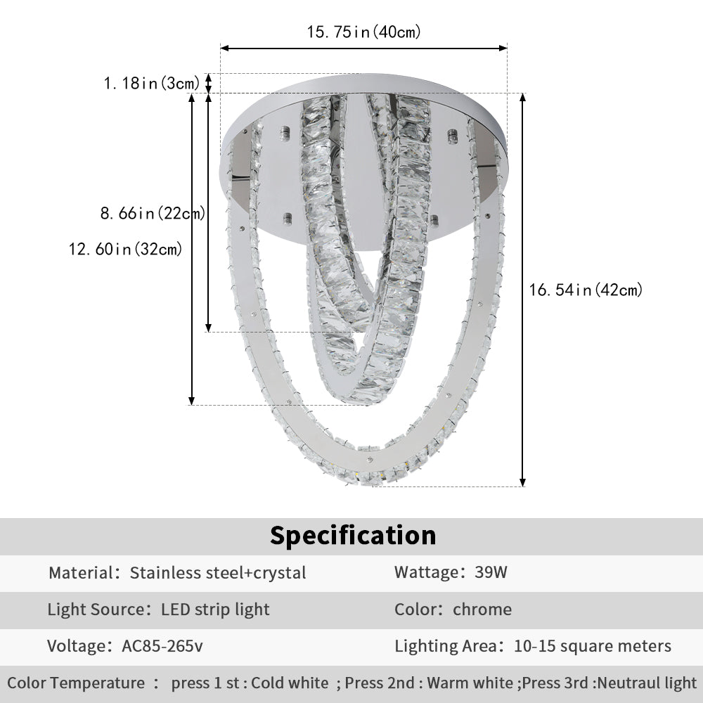 3 Ring Crystal Plafondlamp - Luxe LED Plafondlamp - Chroom - Woondecoratie - 3 Kleuren - Kristallen Kroonluchter - Moderne Plafondlamp - 40 cm