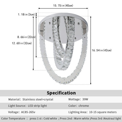 3 Ring Crystal Plafondlamp - Luxe LED Plafondlamp - Chroom - Woondecoratie - 3 Kleuren - Kristallen Kroonluchter - Moderne Plafondlamp - 40 cm