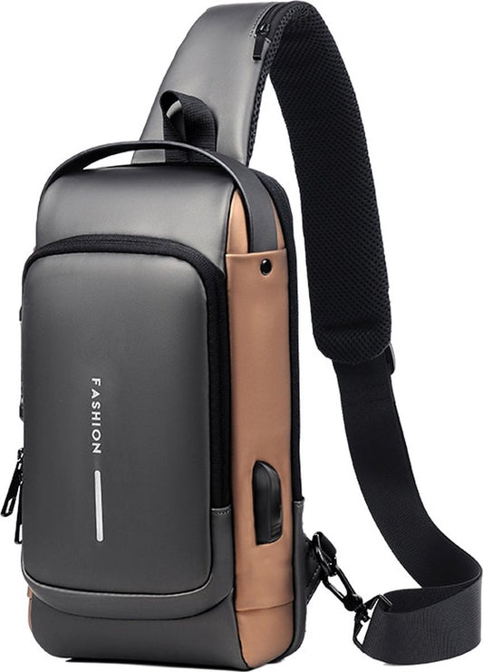 Shoulder Bag - Crossbody Bag - Men and Women - Waterproof - Anti-Theft - USB Port - Brown / Gray - RENEWED!