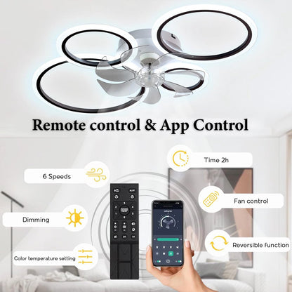 LuxiLamps - 4 Ringen LED Plafondventilator - Zwart - 6 Snelheden - Smart lamp - Dimbaar Met Afstandsbediening & APP - Moderne Cirkel Ventilator Licht - Kroonluchter Ventilator