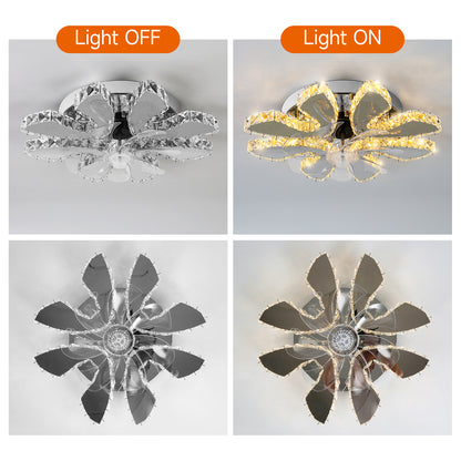 6 Lotus Kristallen Ventilator Lamp - Crystal Plafondventilator - Smart Lamp - Met Dimmer - 3 Standen Ventilator - Keuken Lamp - Woonkamer Lamp - Moderne Lamp