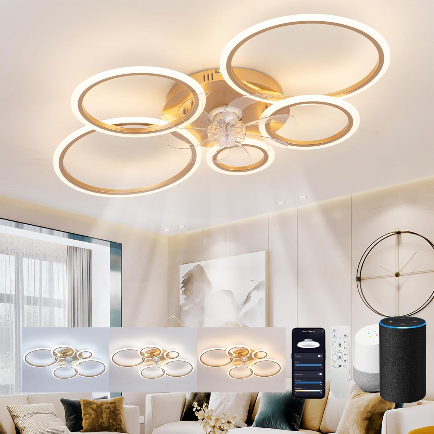 LuxiLamps - 5 Ringen Plafondventilator - Goud - 6 Snelheden - Bedienbaar Met Alexa & Google Assistant - Moderne Cirkel Ventilator Licht