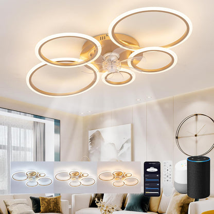 LuxiLamps - 5 Ringen Plafondventilator - Goud - 6 Snelheden - Bedienbaar Met Alexa & Google Assistant - Moderne Cirkel Ventilator Licht