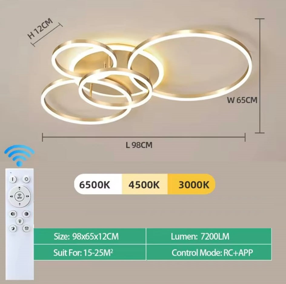 5 Ringen Plafondlamp - Met Afstandsbediening - Smart lamp - Goud - Dimbaar - Woonkamerlamp - Moderne lamp - Plafoniere