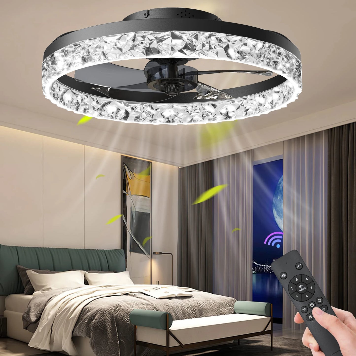 Fan Lamp - Ceiling Fan Black - Smart Lamp - With Dimmer - 6 Speed ​​Fan - Kitchen Lamp - Living Room Lamp - Modern Lamp