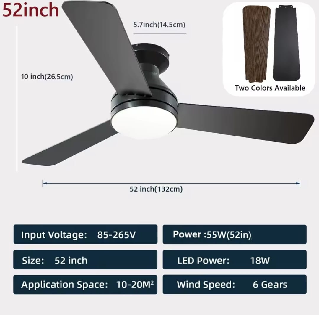 LuxiLamps - 3 Blad Plafondventilator - Moderne LED Ventilator Lamp - 6 Snelheden - Bedienbaar Met Afstandsbediening - 132 cm - Zwart - Woonkamerlamp