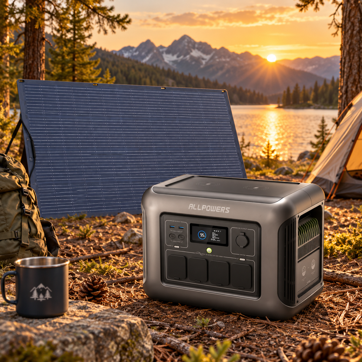 Allpowers® R1500 Powerstation + 100W Zonnepaneel – Capaciteit 1152Wh - 1800W AC Output – UPS – Uitbreidbaar met B1000 – Back-up Stroomvoorziening - 3000W Piek - USB - DC - AC - Camping - LFP - Draagbare LiFePO4 Energiecentrale - Zonnegenerator