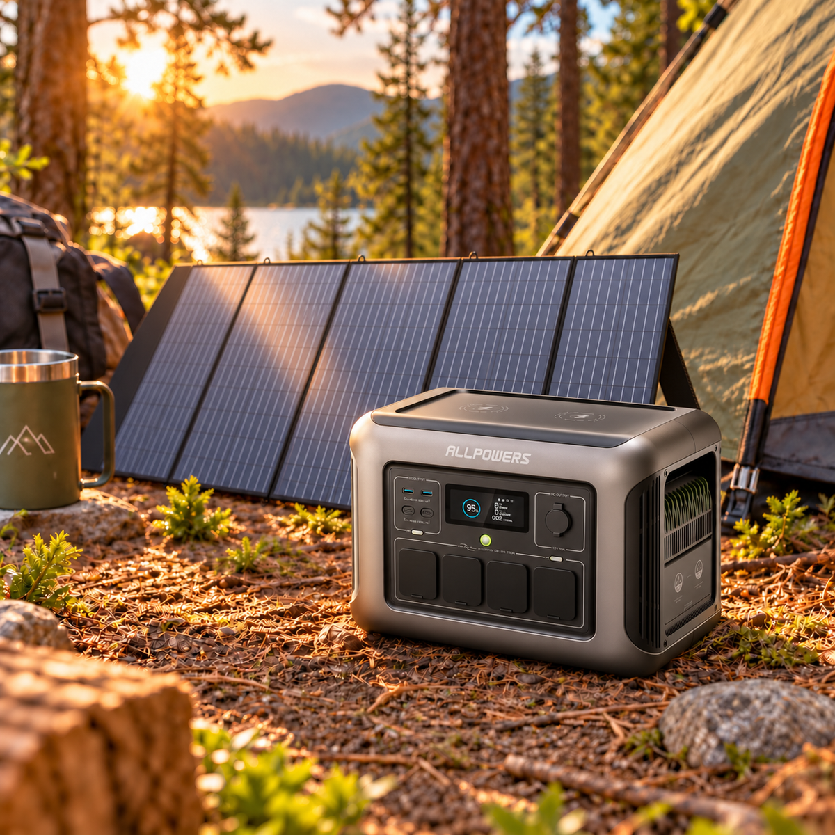 Allpowers® R1500 Powerstation + 200W Zonnepaneel – Capaciteit 1152Wh - 1800W AC Output – UPS – Uitbreidbaar met Allpowers B1000 – Back-up Stroomvoorziening - 3000W Piek - DC - AC - Camping - LFP - Draagbare LiFePO4 Energiecentrale - Zonnegenerator