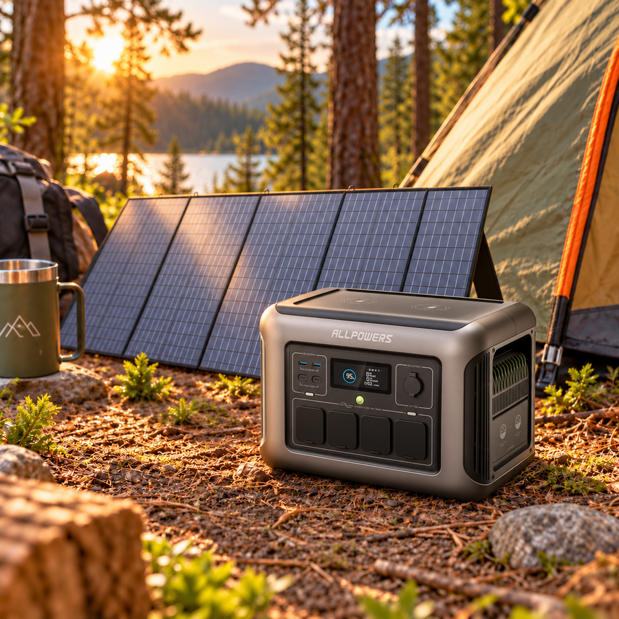 Allpowers® R1500 Powerstation + 400W Zonnepaneel – Capaciteit 1152Wh - 1800W AC Output – UPS – Uitbreidbaar met B1000 – Back-up Stroomvoorziening - 3000W Piek - USB - DC - AC - Camping - LFP - Draagbare LiFePO4 Energiecentrale - Zonnegenerator