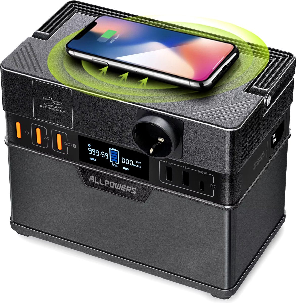 Allpowers S300 Pro MAX - Draagbare Krachtcentrale - 288Wh - Powerstation - Output 300W (500W Piek) - Lithium-Ion - Noodstroomvoorziening - AC 2x, USB, USB-C, DC en Draadloos Opladen - Geschikt voor Kamperen en Reizen