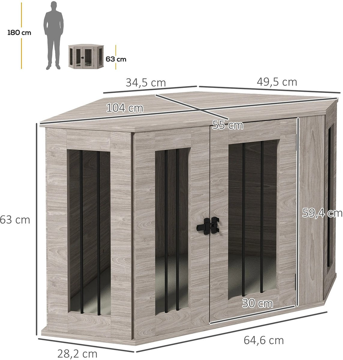 Bench - Hondenbench - Hoekmeubel - Hondenkooi voor de hoek - Hondenhok - Hondenbox - Salontafel - 63x104x55 Cm - Grijs