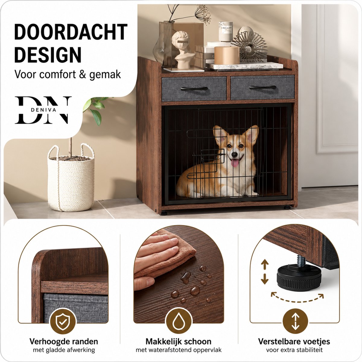 Crate - Dog Crate - Furniture - Dog Cage - Dog House - Dog Pen - Coffee Table - 2 Drawers - 62×49.5×63 cm - Brown