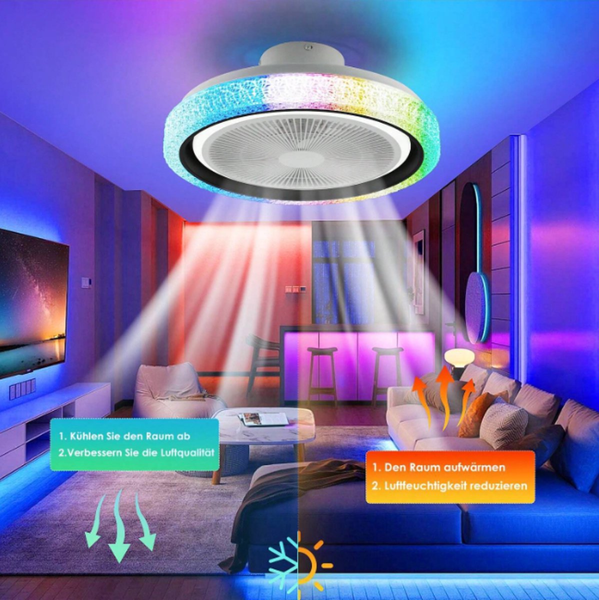 Plafondventilator Met Verlichting - Rond RGB-Licht - Wit - RGB En Dimbaar - Met Afstandsbediening