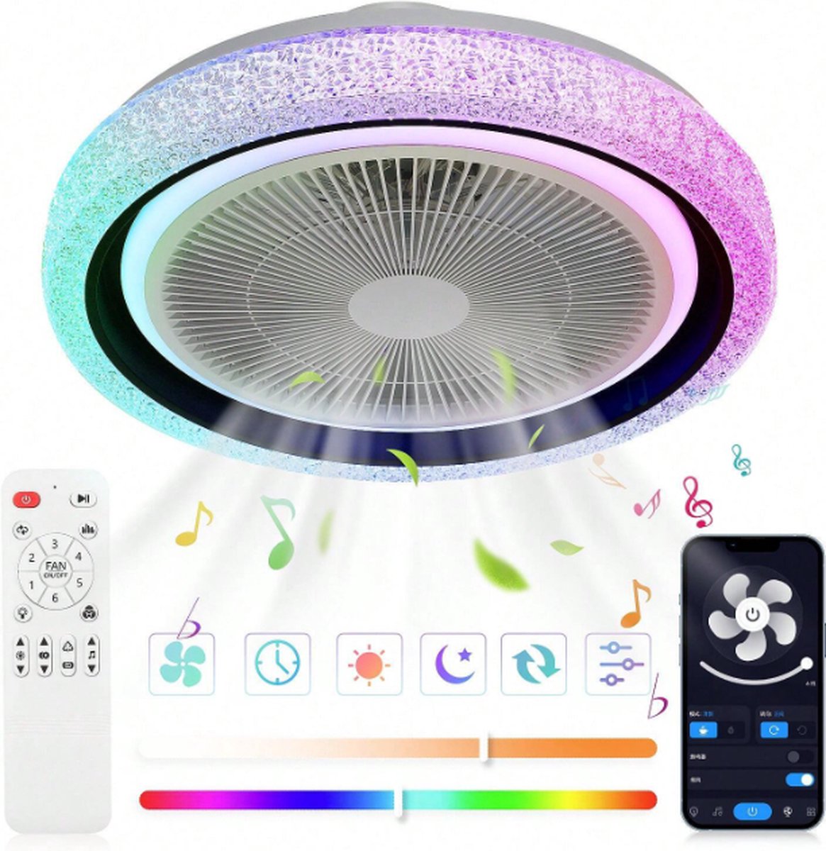 Plafondventilator Met Verlichting - Rond RGB-Licht - Wit - RGB En Dimbaar - Met Afstandsbediening