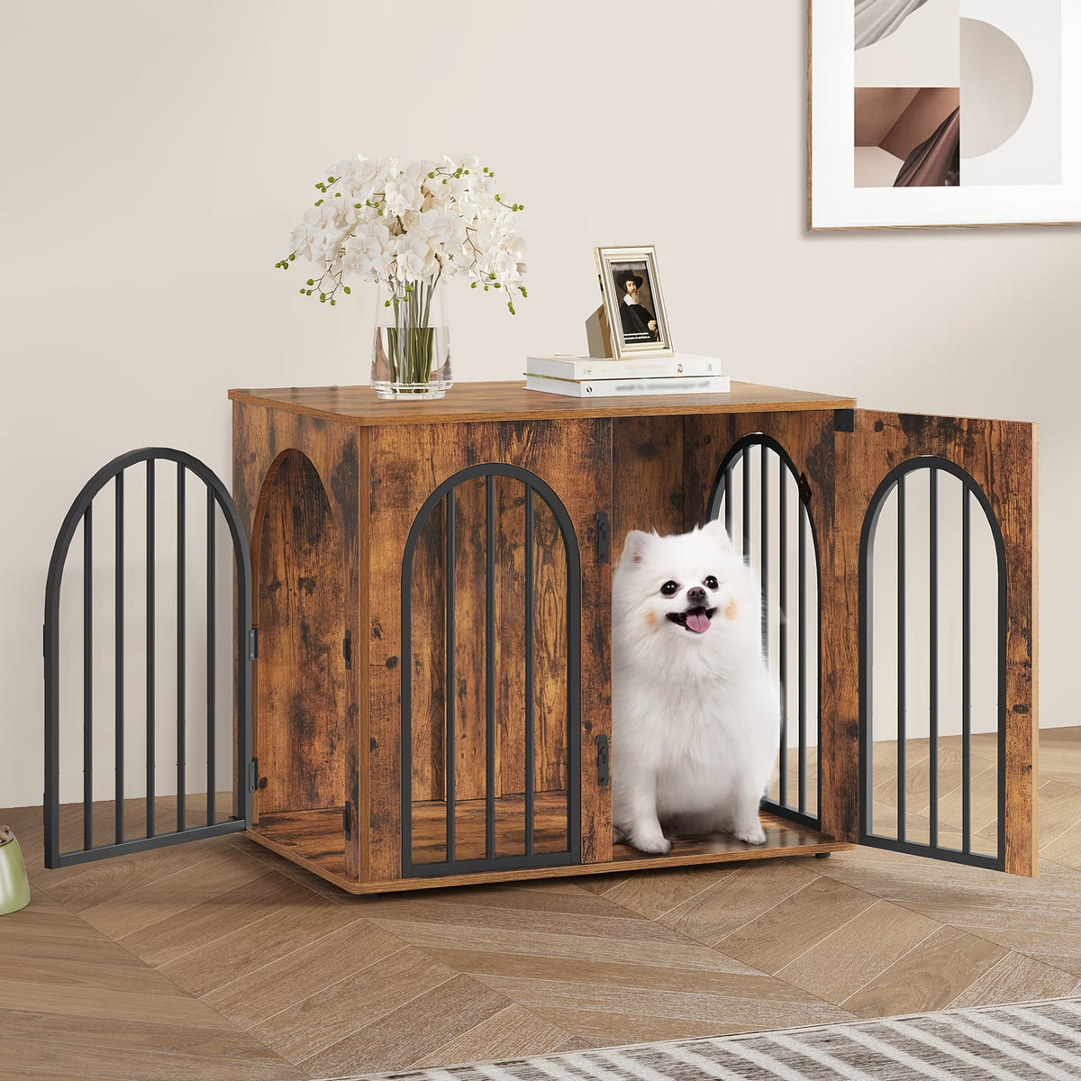 Hondenbench - Meubel - Bench - Hondenkooi - Hondenhok - Hondenbox - Salontafel - 2 Deuren - Schuifdeur - 68 x 49 x 56 cm - Zwart
