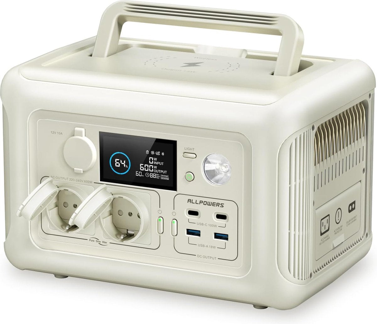 Allpowers R600W - Draagbare Generator – 299Wh Capaciteit- LiFePO4 Powerstation – Output 600W - Piek 1200W - 8 Outputs AC/DC & USB - Compacte Stroomvoorziening met Stopcontacten - Camping - Noodstroom - Draadloos Laden - met APP