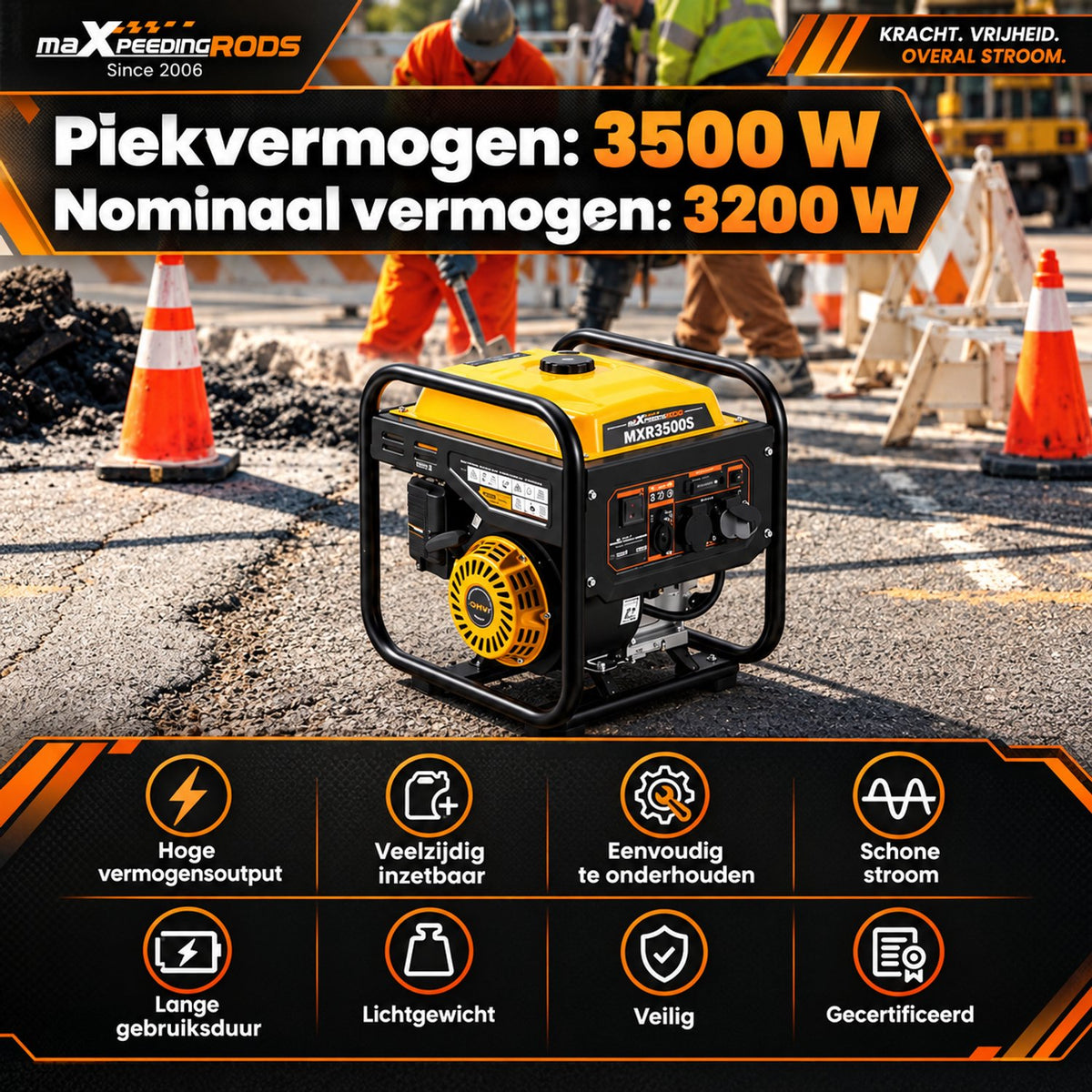 Draagbare Benzine Generator - Inverter - Betrouwbare Generator voor Outdoor - Kamperen - Stroomuitval - 3500W Piek - 3200W Continu - 4-Takt 223cc