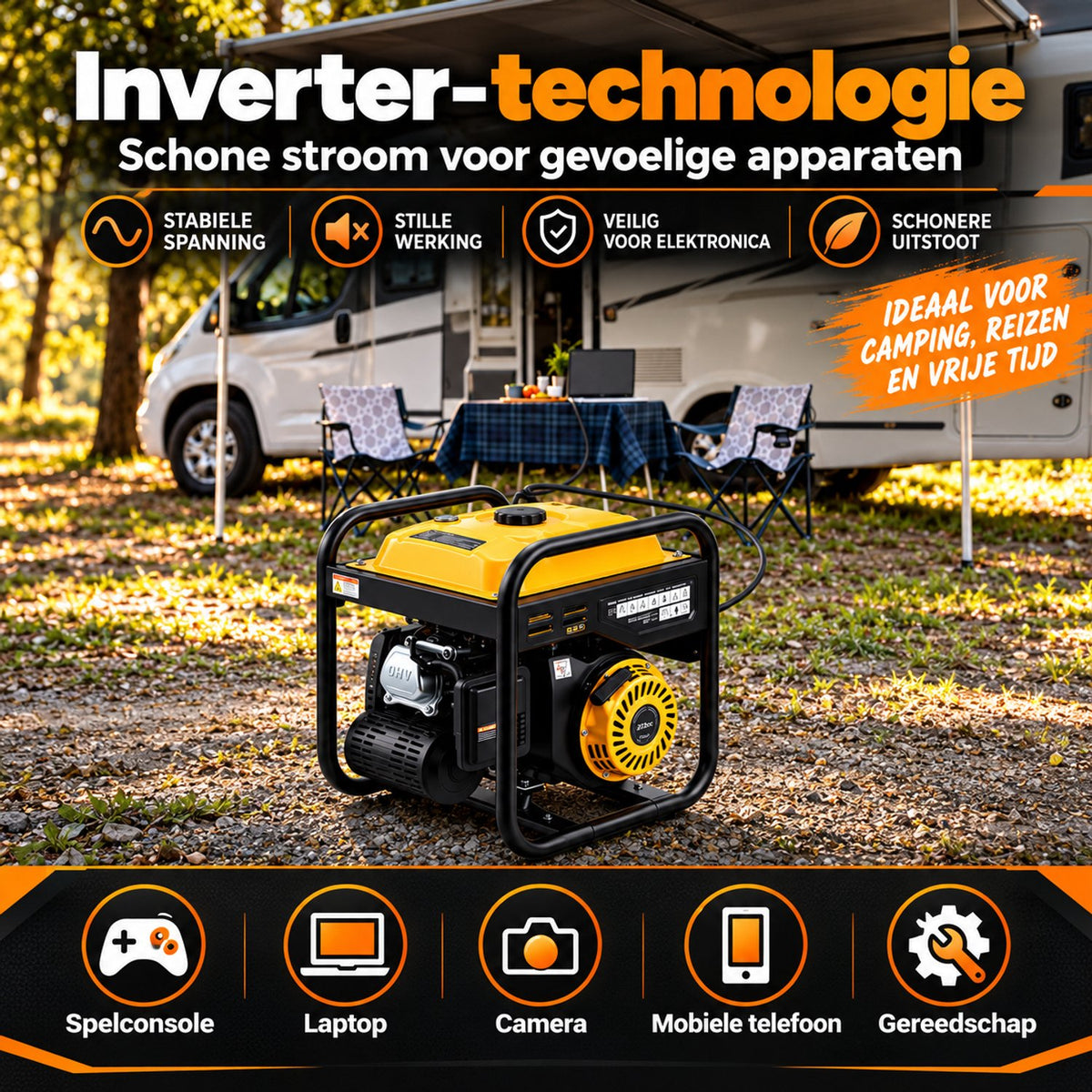 Draagbare Benzine Generator - Inverter - Betrouwbare Generator voor Outdoor - Kamperen - Stroomuitval - 3500W Piek - 3200W Continu - 4-Takt 223cc