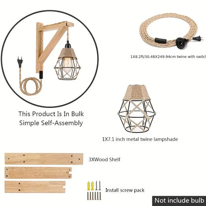 LuxiLamps - Houten Wandkandelaar Lamp - Met Metalen Kooischaduw - Met Stekker - E26 - Wandlamp - Muur Decoratie