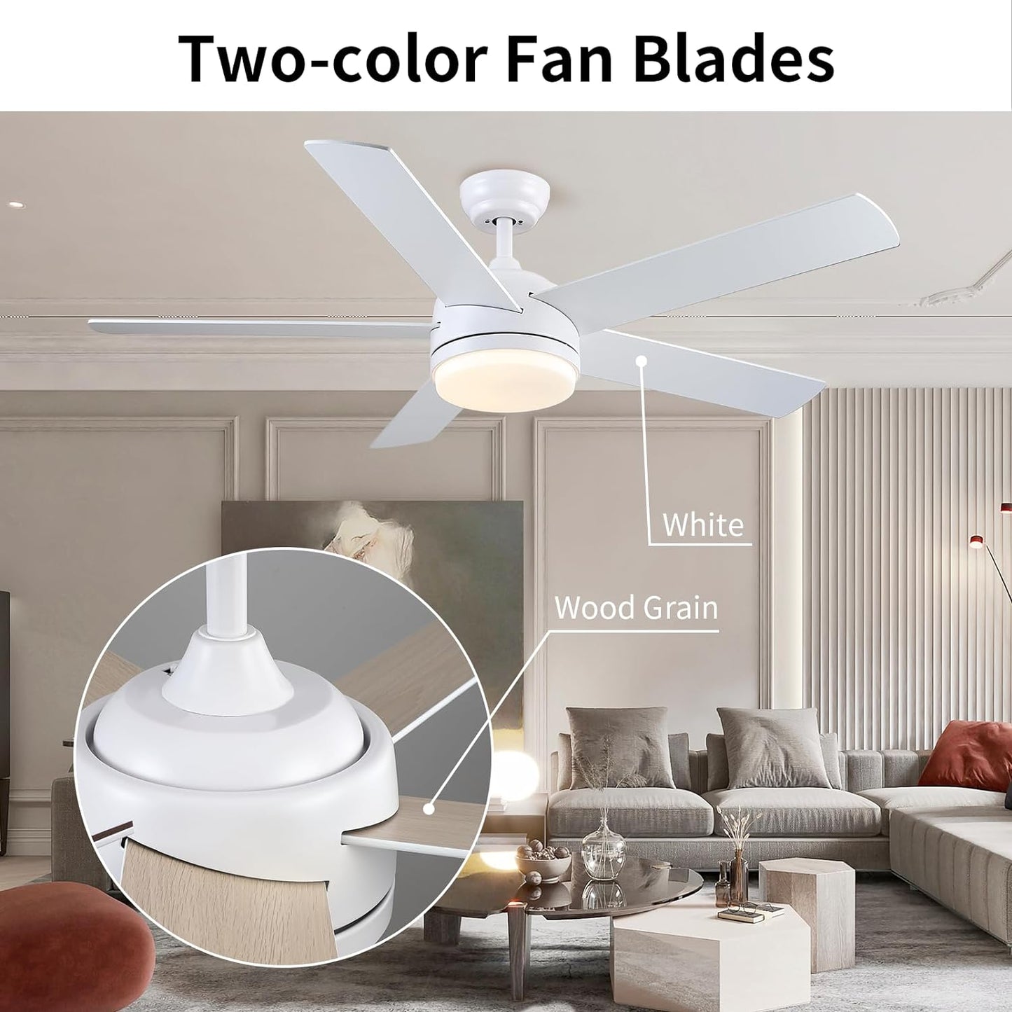 LuxiLamps - 5 Blad Plafondventilator - Moderne LED Ventilator - 3 Snelheden - Bedienbaar Met Afstandsbediening - 132 cm - Wit - Omkeerbare Bladen