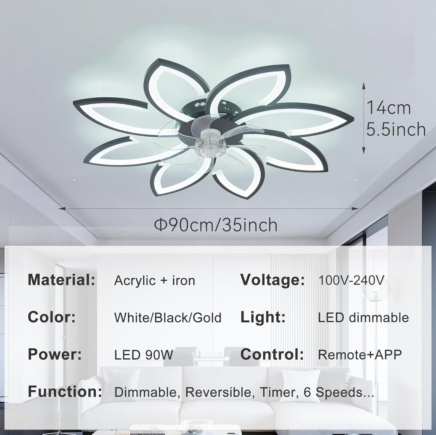 LuxiLamps - 8 Sterren Plafondlamp Met Ventilator - Zwart - Met Afstandsbediening - Smart lamp - Dimbaar Met App - 6 Standen Ventilator - Woonkamerlamp - Moderne lamp - Plafoniere