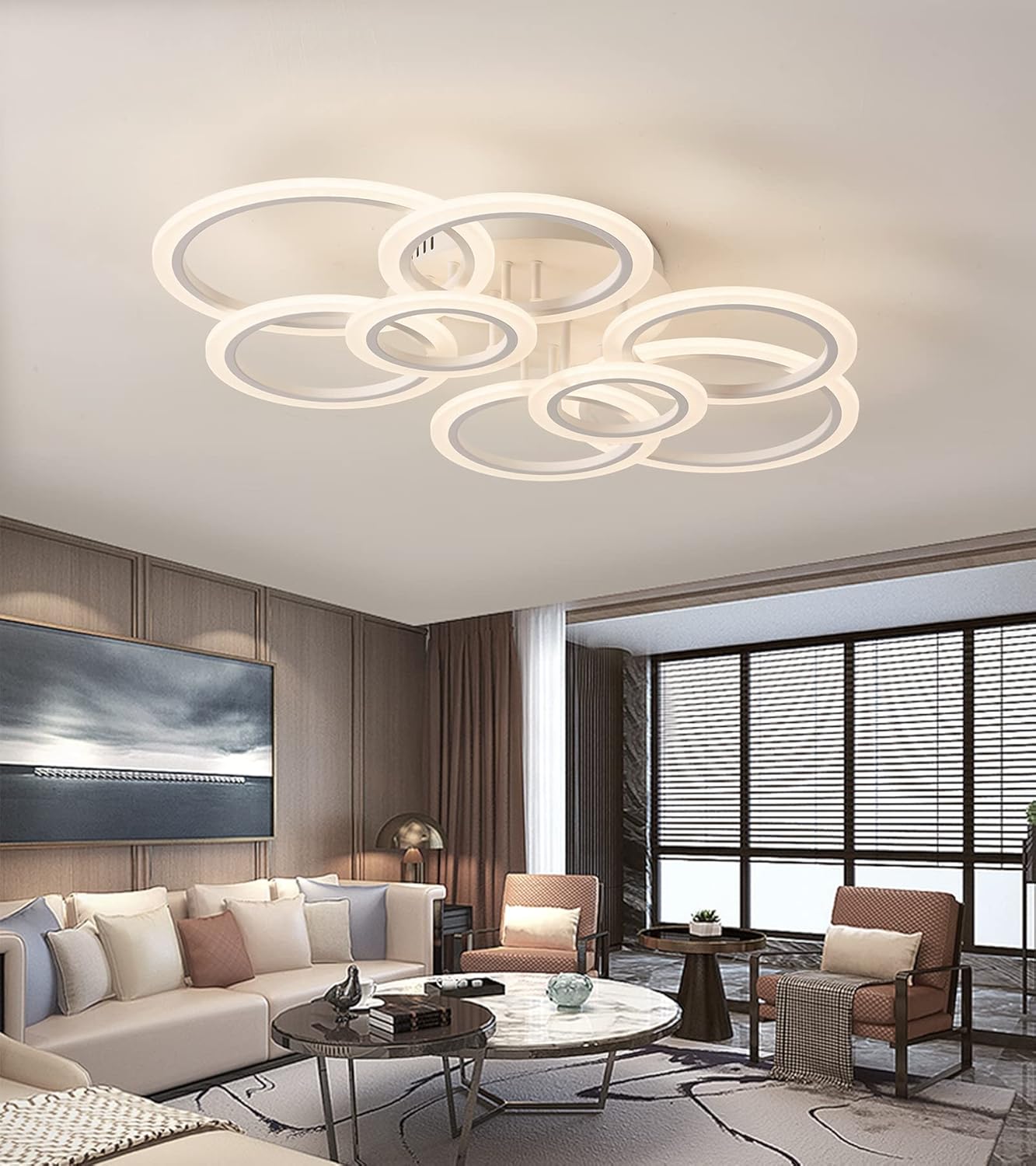 8 Ringen Plafondlamp - Kroonluchter - Wit - Dimbaar Met Afstandsbediening & App - Woonkamerlamp - 85 cm - LED Ringen Plafondlamp - 100W