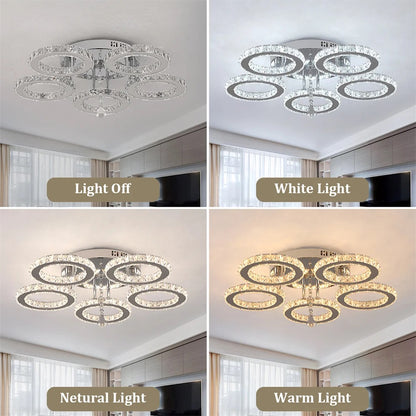 LuxiLamps - 5 Heads Plafonnière - Dimbaar Met APP & Afstandsbediening - Moderne 5 Ringen Chroom Kroonluchter - Verlichting - LED Crystal Plafondlamp - 50W