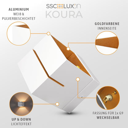 LuxiLamps - Led Wandlamp - Moderne Wandverlichting - Met Lichtgleuf - Goud/Wit- Hal lamp - G9 - Trappenhuis - 16 cm