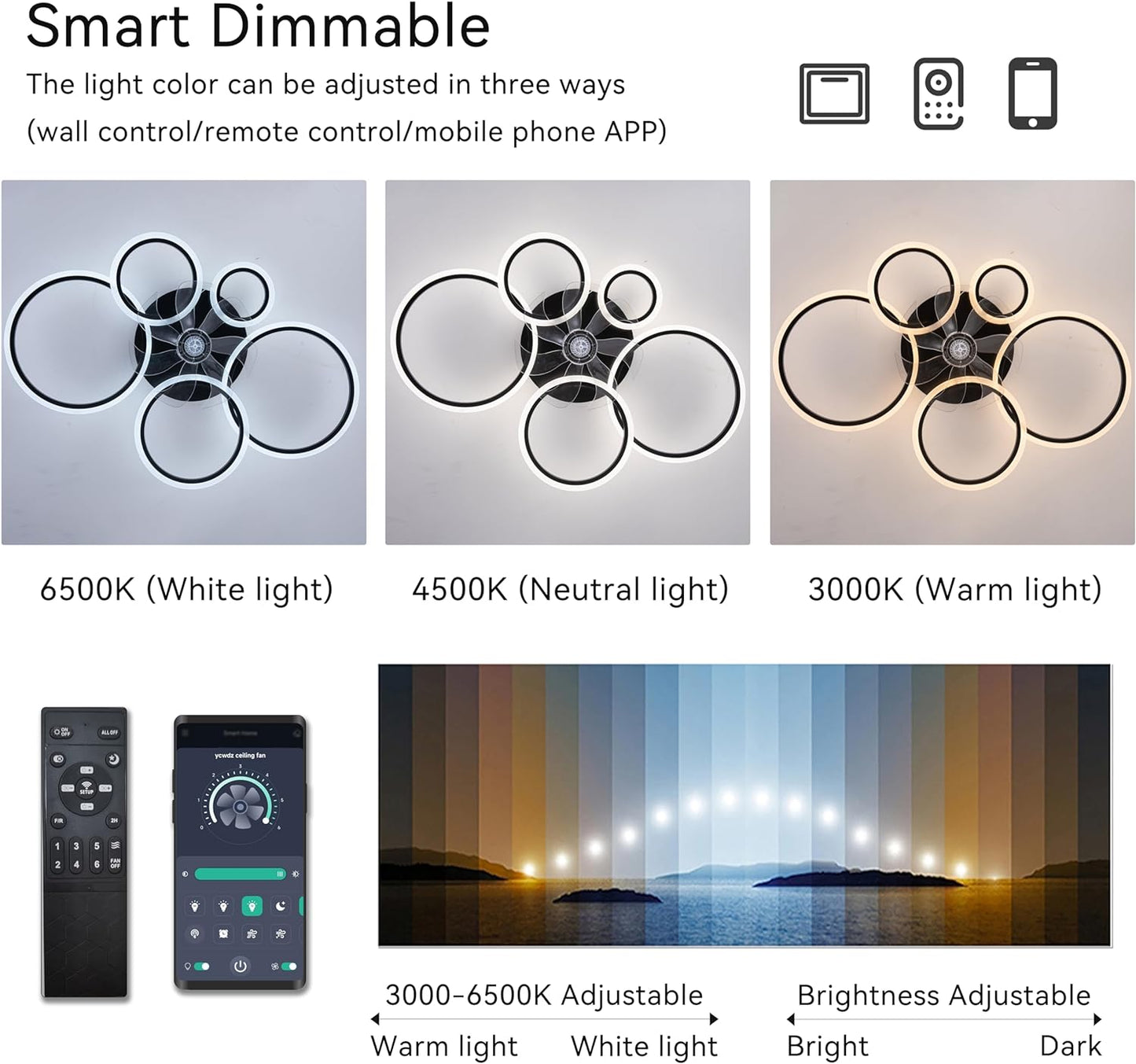 LuxiLamps - 5 Rings Ceiling Fan - Black - 6 Speeds - Dimmable With Remote Control and APP - Modern Circle Fan Light