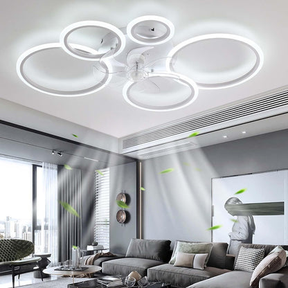 LuxiLamps - 5 Rings Ceiling Fan - White - 6 Speeds - Dimmable With Remote Control and APP - Modern Circle Fan Light