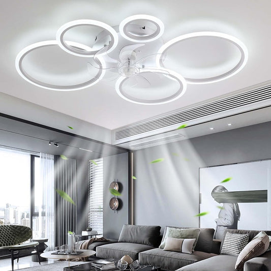 LuxiLamps - 5 Rings Ceiling Fan - White - 6 Speeds - Dimmable With Remote Control and APP - Modern Circle Fan Light