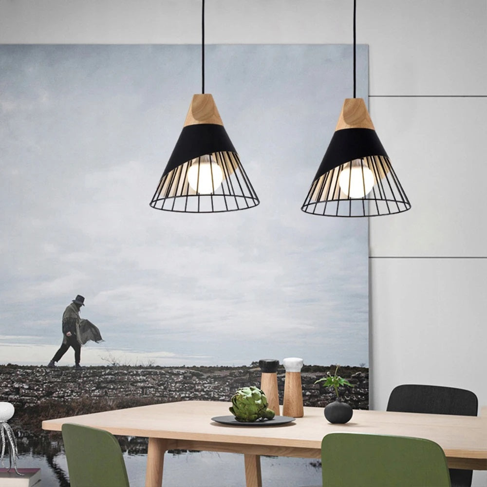 Modern Elegant Pendant Lamp - Wooden Accent - Black - 25 cm - Dining Room Lamp - Chandelier - Black - Living Room Lamp