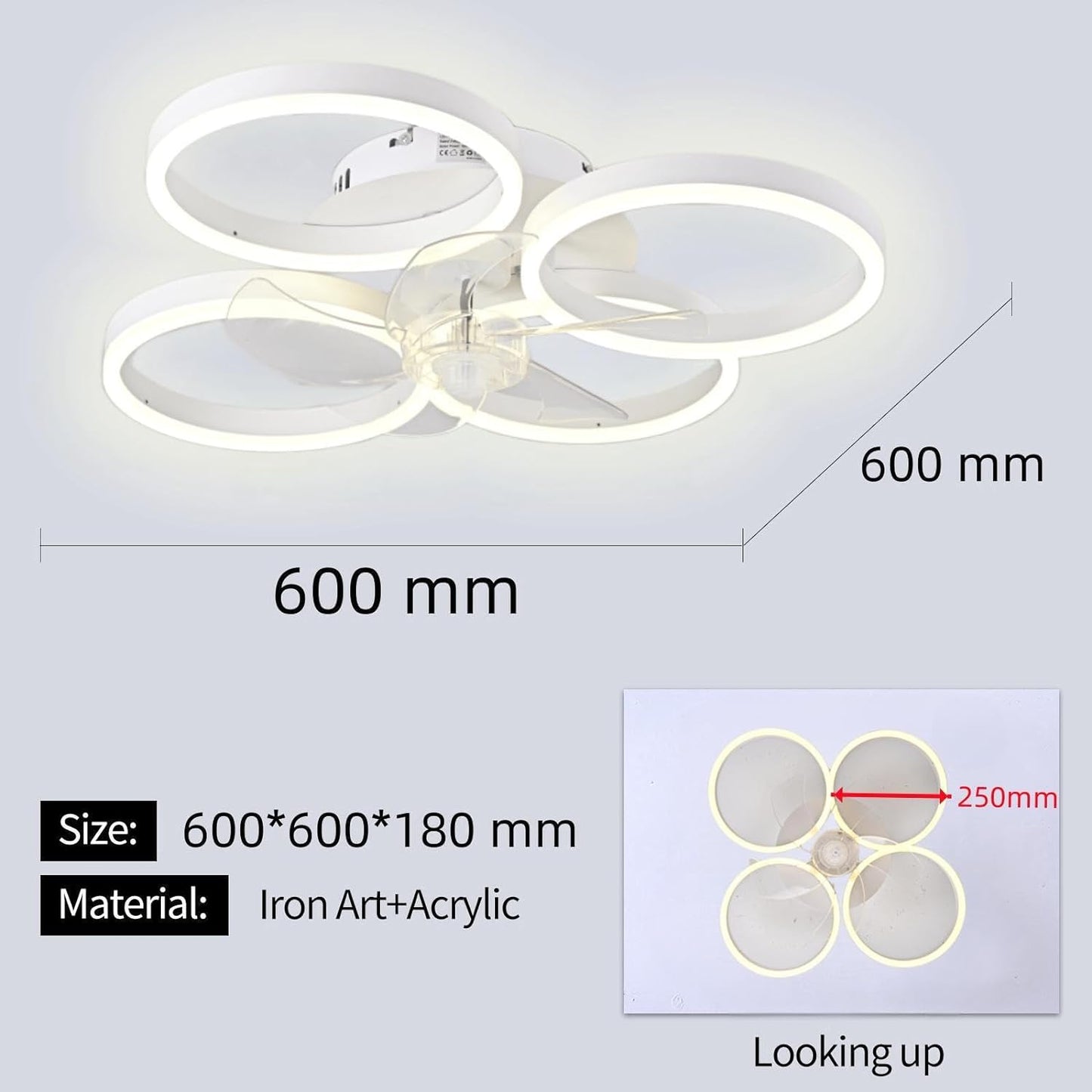 LuxiLamps - 4 Ringen Ventilator - Wit - 60 cm - Smart Lamp - Kroonluchter - Dimbaar Met Afstandsbediening - 64W
