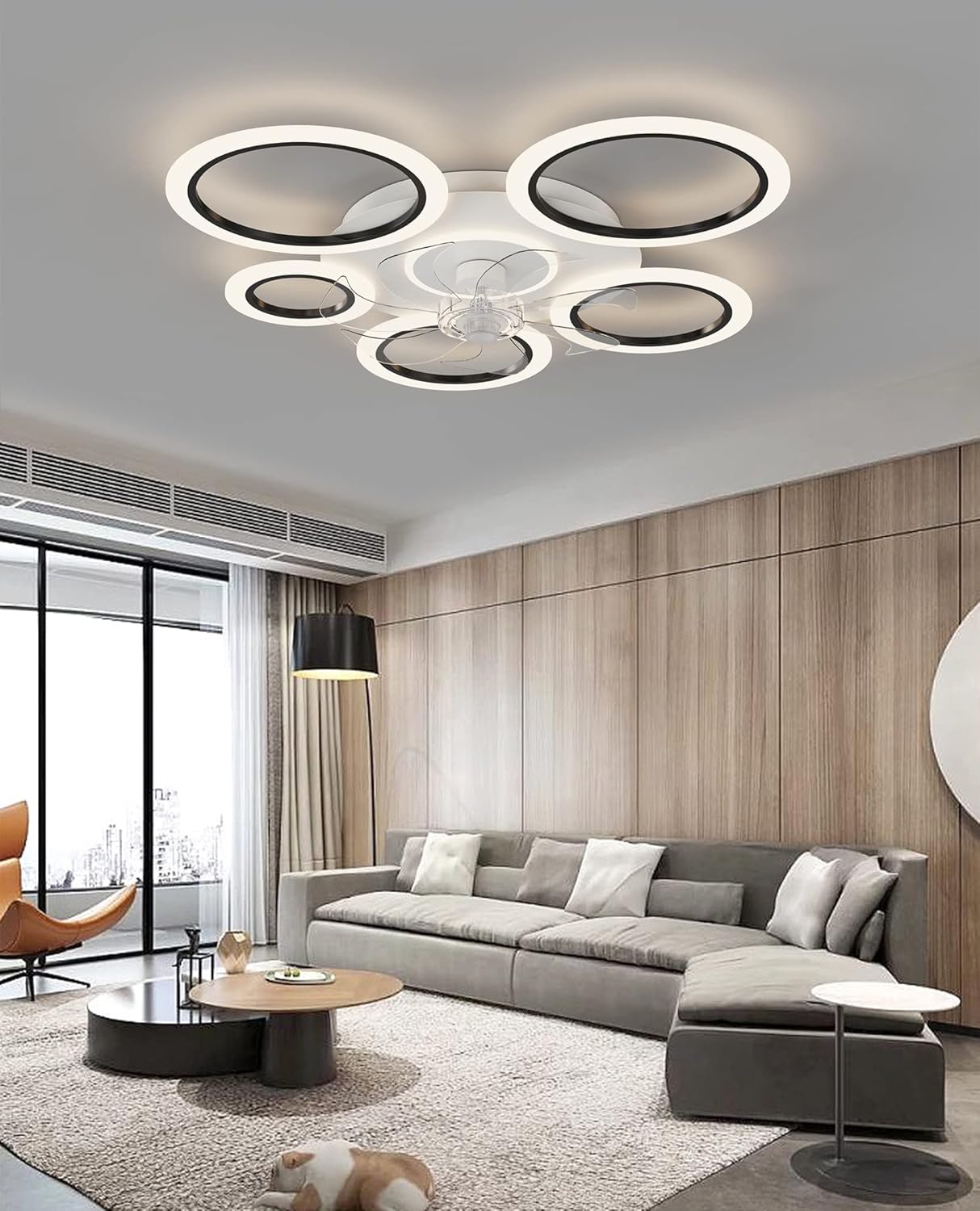 LuxiLamps - 6 Rings Ceiling Fan - Black - 6 Speeds - Dimmable With Remote Control and APP - Modern Circle Fan Light