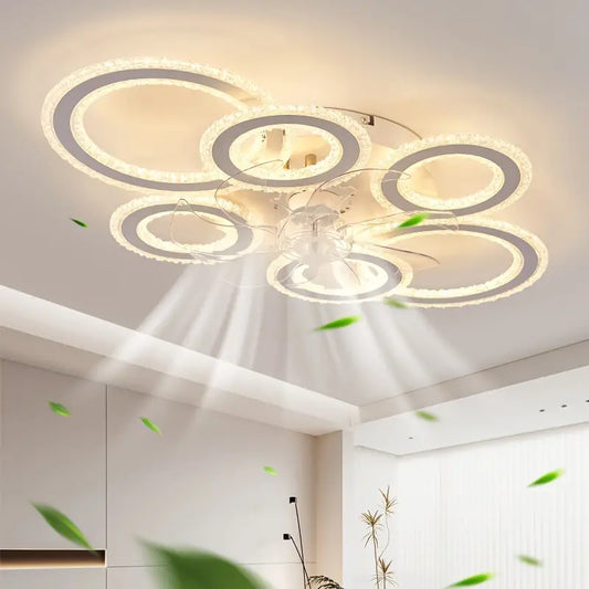 6 Ringen Kristallen Plafondventilator - Wit - 6 Snelheden - Smart lamp - Dimbaar Met Afstandsbediening & APP - Moderne Cirkel Ventilator Licht - Crystal Kroonluchter Ventilator