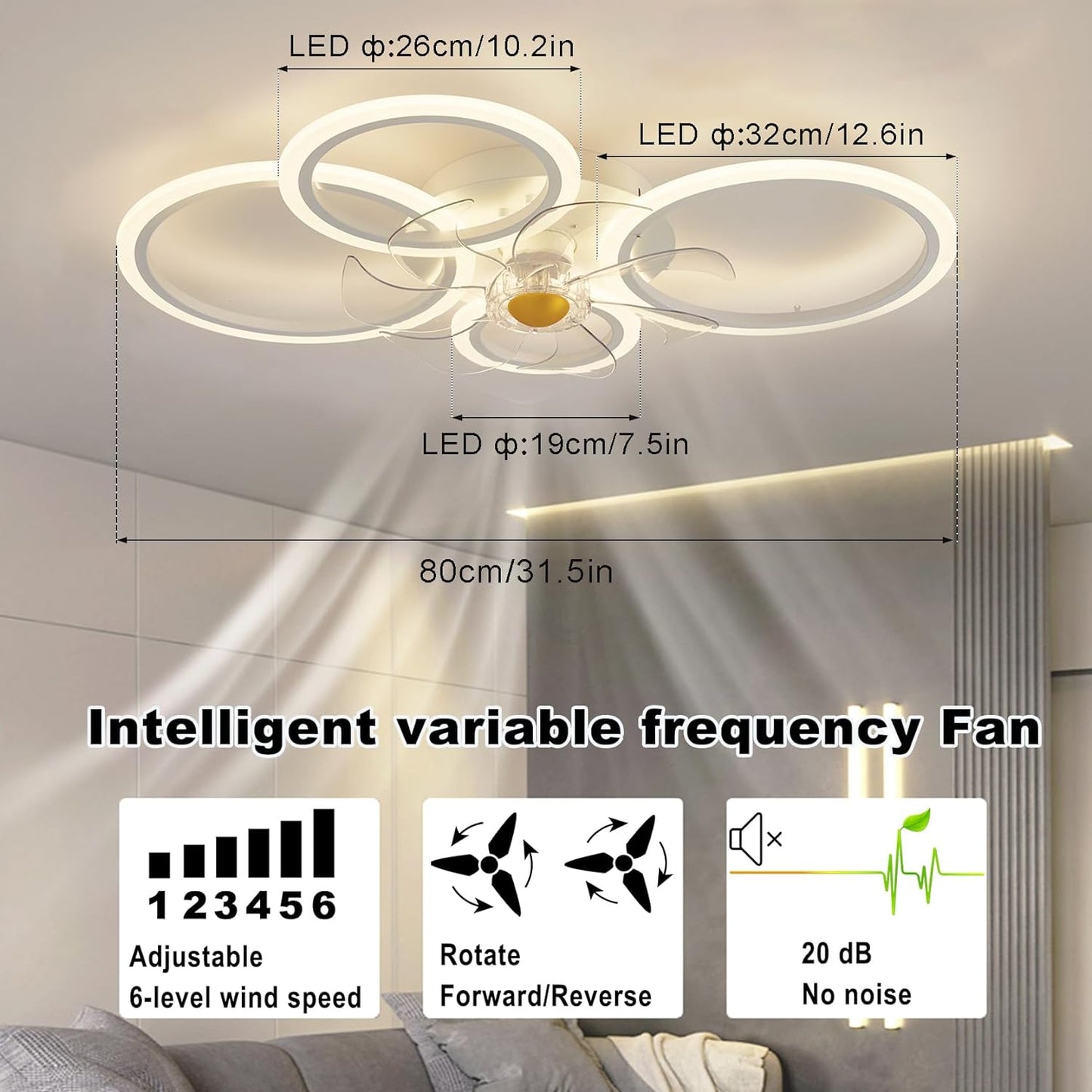 LuxiLamps - 4 Ringen LED Plafondventilator - Wit - 6 Snelheden - Smart lamp - Dimbaar Met Afstandsbediening & APP - Moderne Cirkel Ventilator Licht - Kroonluchter Ventilator