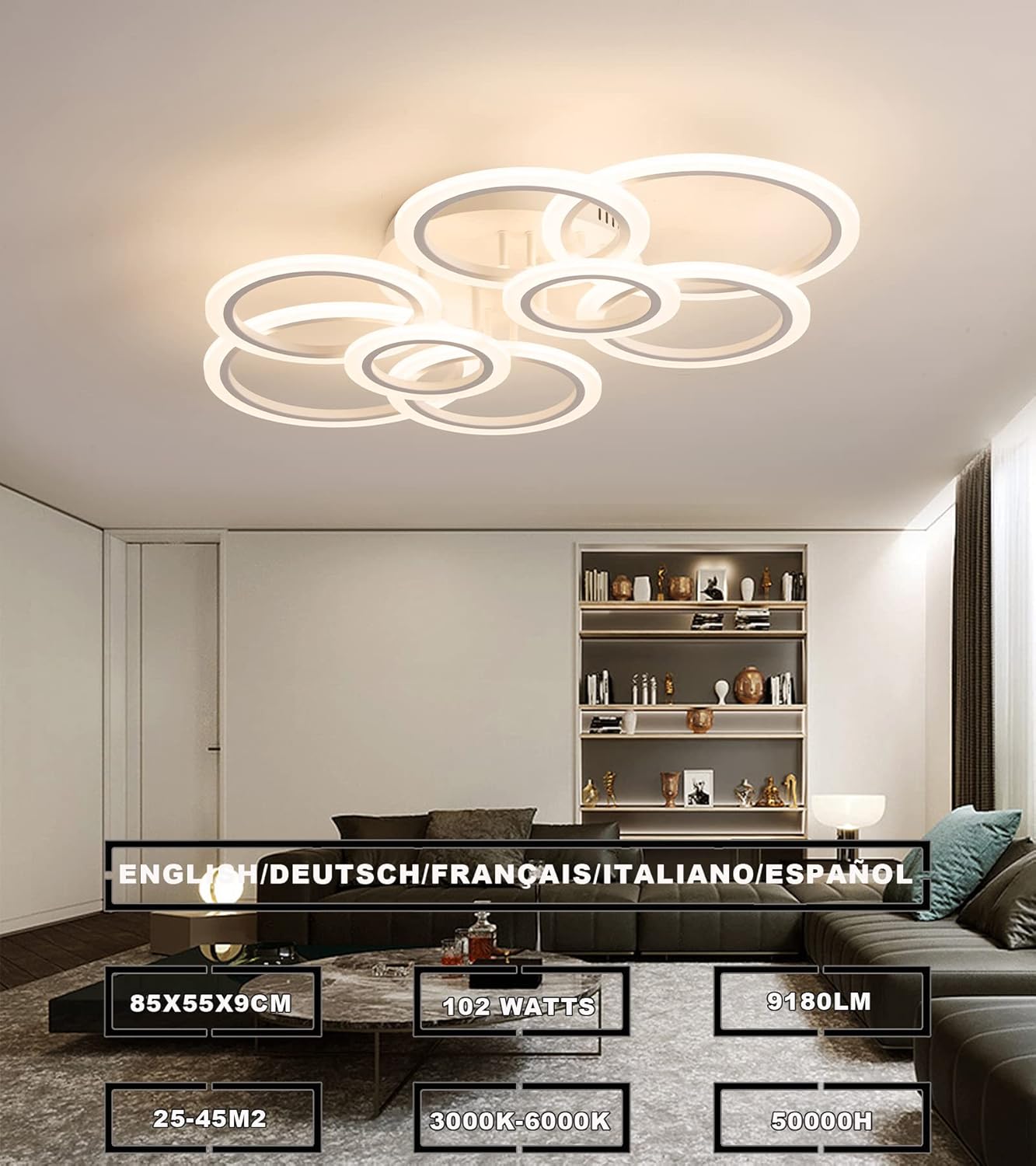 8 Ringen Plafondlamp - Kroonluchter - Wit - Dimbaar Met Afstandsbediening & App - Woonkamerlamp - 85 cm - LED Ringen Plafondlamp - 100W
