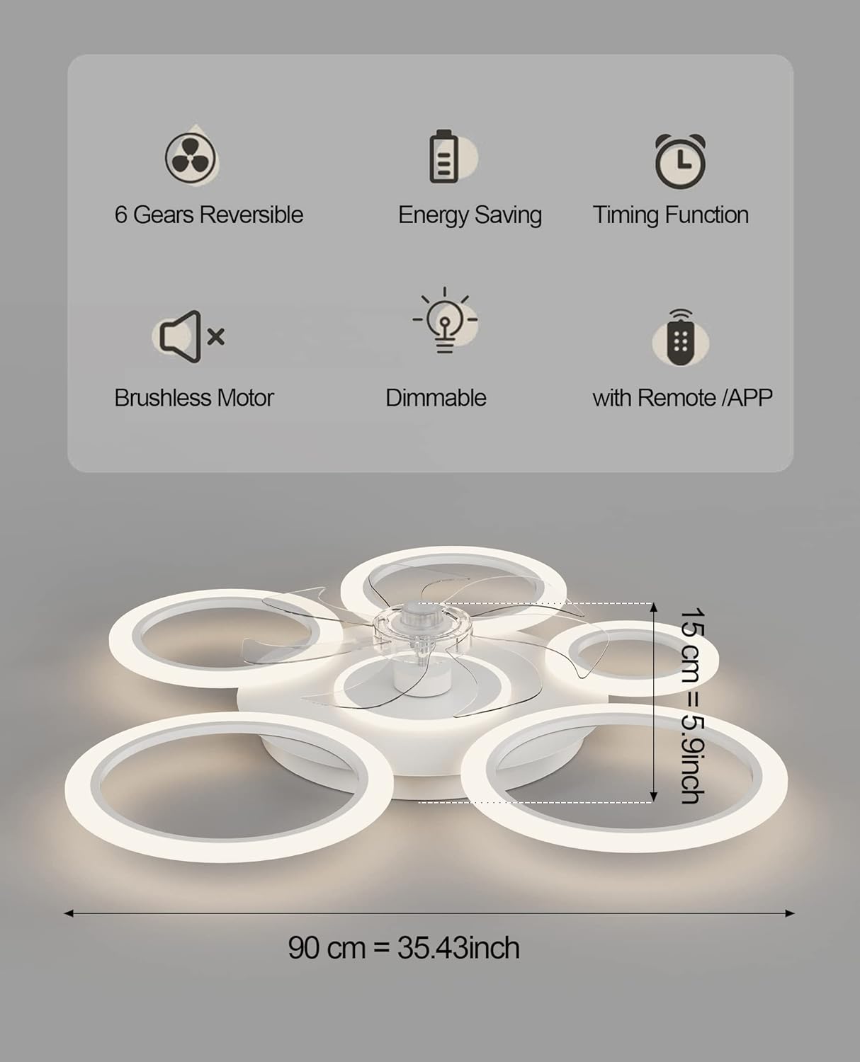 LuxiLamps - 6 Rings Ceiling Fan - Black - 6 Speeds - Dimmable With Remote Control and APP - Modern Circle Fan Light