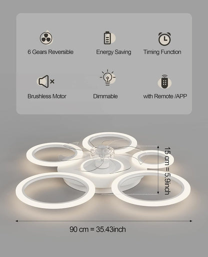 LuxiLamps - 6 Rings Ceiling Fan - Black - 6 Speeds - Dimmable With Remote Control and APP - Modern Circle Fan Light