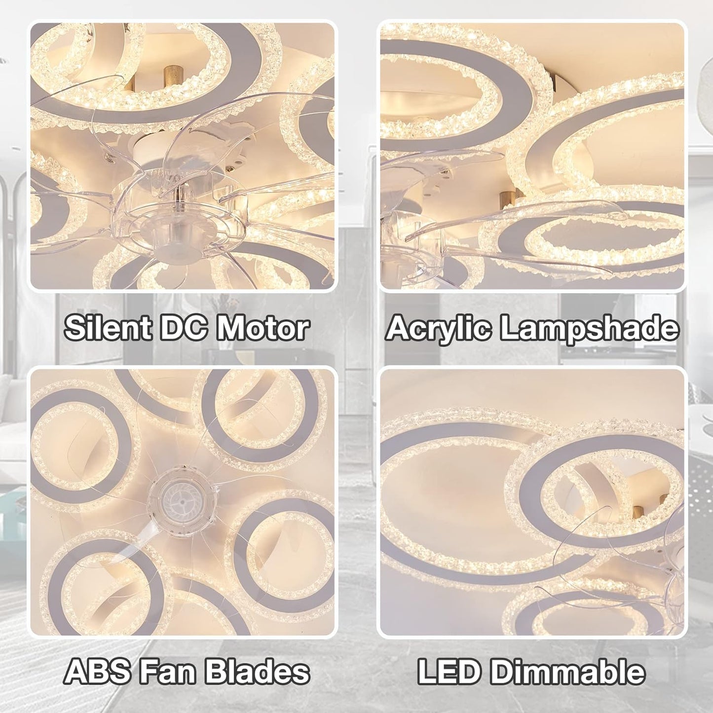 6 Ringen Kristallen Plafondventilator - Zwart - 6 Snelheden - Smart lamp - Dimbaar Met Afstandsbediening & APP - Moderne Cirkel Ventilator Licht - Crystal Kroonluchter Ventilator